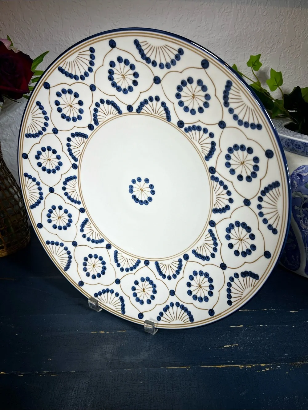Porcelain Charger Blue Dots, Gold Mosaic Vintage Modern by Thomas O’Brien